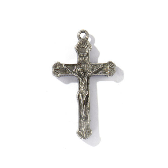 Picture of 1 Piece Eco-friendly 304 Stainless Steel Religious Pendants Antique Silver Color Christ Jesus Cross Crucifix 4.4cm x 2.5cm