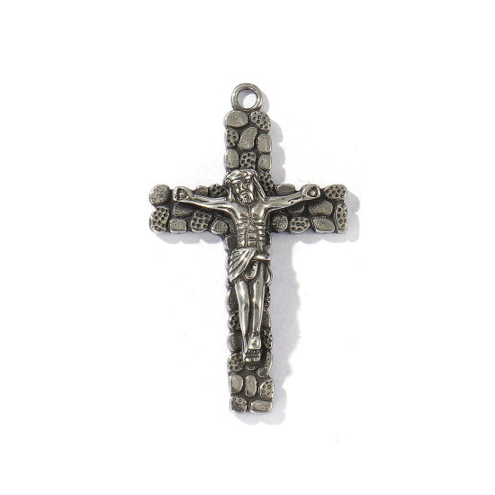 Picture of 1 Piece Eco-friendly 304 Stainless Steel Religious Pendants Antique Silver Color Christ Jesus Cross Crucifix 5.3cm x 3.1cm