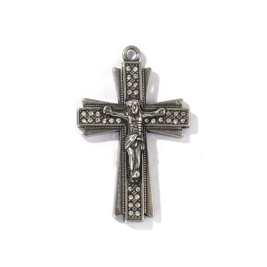 Picture of 1 Piece Eco-friendly 304 Stainless Steel Religious Pendants Antique Silver Color Christ Jesus Cross Crucifix Micro Pave Clear Rhinestone 5.2cm x 3.3cm