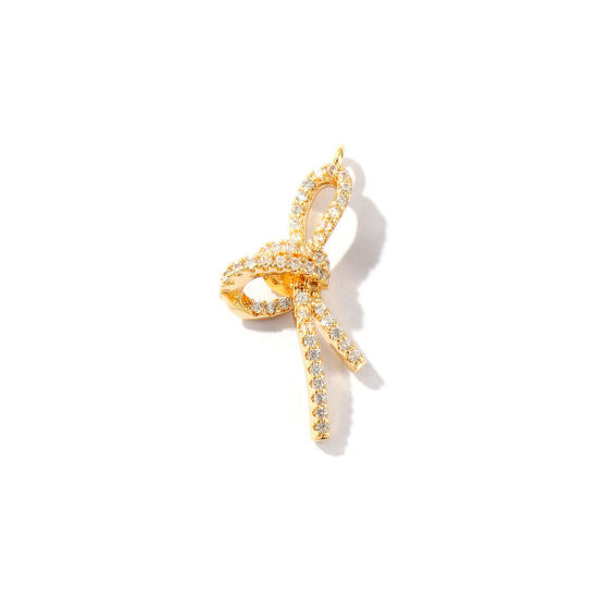Imagen de 2 Unidades Respetuoso del Medio Ambiente Latón Ropa Colgantes 18K Oro Real Chapado Bowknot Claro Circón Artificial 24mm x 11mm