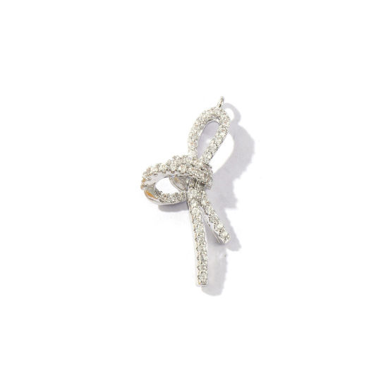 Imagen de 2 Unidades Respetuoso del Medio Ambiente Latón Ropa Colgantes Platino Real Chapado Bowknot Claro Circón Artificial 24mm x 11mm