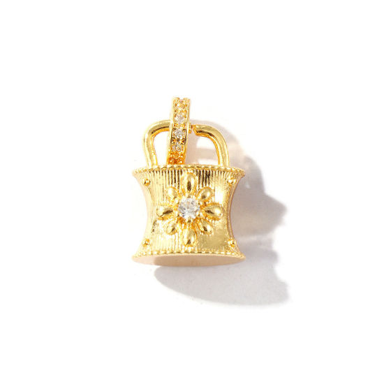 Imagen de 2 Unidades Respetuoso del Medio Ambiente Latón Colgantes 18K Oro Real Chapado Cesta de la flor Claro Circón Artificial 21mm x 13mm