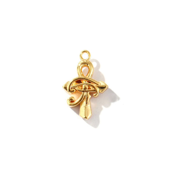 Image de 2 Pcs Breloques Religieux Respectueux de la Nature en Laiton Plaqué Or Véritable 18K Ankh Egyptienne Croix L'oeil d'Horus 18mm x 12mm