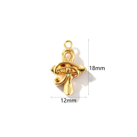Image de 2 Pcs Breloques Religieux Respectueux de la Nature en Laiton Plaqué Or Véritable 18K Ankh Egyptienne Croix L'oeil d'Horus 18mm x 12mm