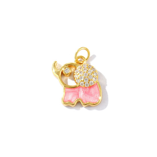 Imagen de 2 Unidades Respetuoso del Medio Ambiente Latón Colgantes 18K Oro Real Chapado Rosado Esmalte Elefante Perlado Claro Circón Artificial 18mm x 15mm