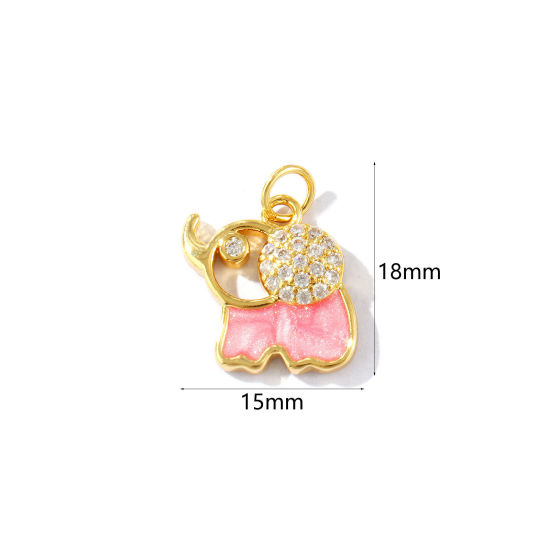 Imagen de 2 Unidades Respetuoso del Medio Ambiente Latón Colgantes 18K Oro Real Chapado Rosado Esmalte Elefante Perlado Claro Circón Artificial 18mm x 15mm