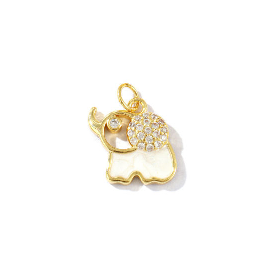 Imagen de 2 Unidades Respetuoso del Medio Ambiente Latón Colgantes 18K Oro Real Chapado Blanco Esmalte Elefante Perlado Claro Circón Artificial 18mm x 15mm