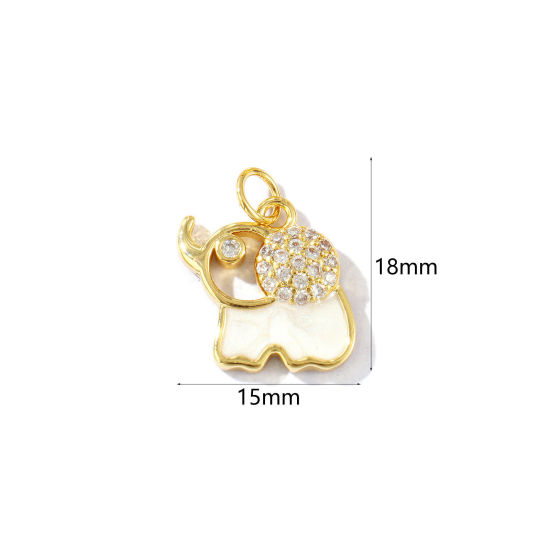 Imagen de 2 Unidades Respetuoso del Medio Ambiente Latón Colgantes 18K Oro Real Chapado Blanco Esmalte Elefante Perlado Claro Circón Artificial 18mm x 15mm