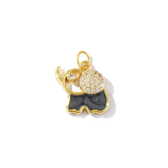 Imagen de 2 Unidades Respetuoso del Medio Ambiente Latón Colgantes 18K Oro Real Chapado Negro Esmalte Elefante Perlado Claro Circón Artificial 18mm x 15mm