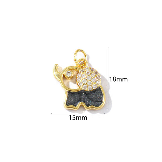 Imagen de 2 Unidades Respetuoso del Medio Ambiente Latón Colgantes 18K Oro Real Chapado Negro Esmalte Elefante Perlado Claro Circón Artificial 18mm x 15mm