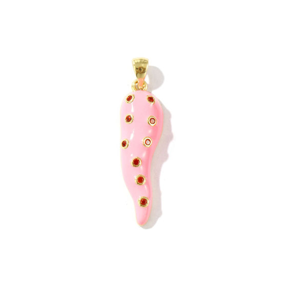 Bild von 1 Stück Umweltfreundlich Messing Anhänger 18K Echtgold plattiert Rosa Emaille Cornicello Italienisches Horn Chili Micro Pave Rot Strassstein 3.7cm x 0.9cm
