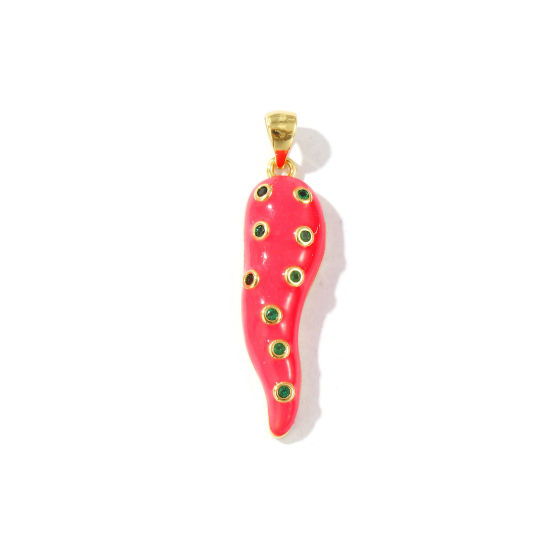 Bild von 1 Stück Umweltfreundlich Messing Anhänger 18K Echtgold plattiert Hellrosa Emaille Cornicello Italienisches Horn Chili Micro Pave Grün Strassstein 3.7cm x 0.9cm