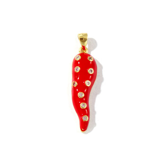 Bild von 1 Stück Umweltfreundlich Messing Anhänger 18K Echtgold plattiert Rot Emaille Cornicello Italienisches Horn Chili Micro Pave Amethyst Strassstein 3.7cm x 0.9cm