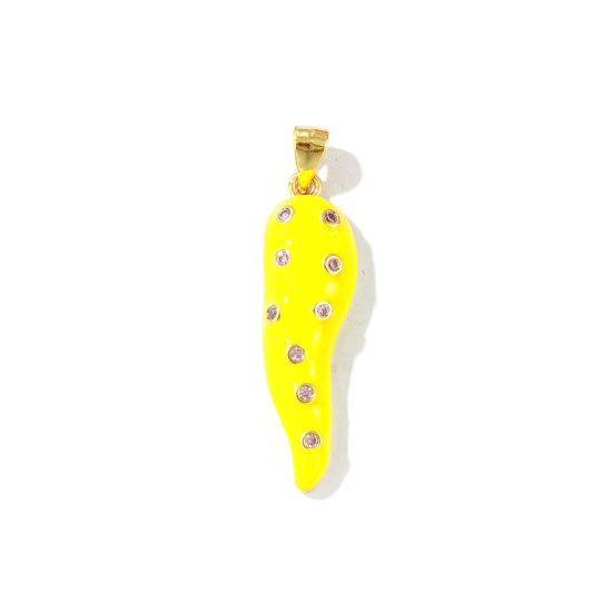 Bild von 1 Stück Umweltfreundlich Messing Anhänger 18K Echtgold plattiert Gelb Emaille Cornicello Italienisches Horn Chili Micro Pave Amethyst Strassstein 3.7cm x 0.9cm