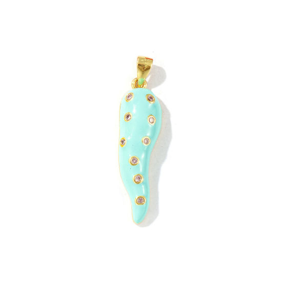 Bild von 1 Stück Umweltfreundlich Messing Anhänger 18K Echtgold plattiert Blau Emaille Cornicello Italienisches Horn Chili Micro Pave Amethyst Strassstein 3.7cm x 0.9cm