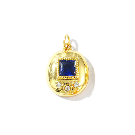 Bild von 1 Stück Umweltfreundlich Messing Geometrisch Charms 18K Echtgold plattiert Oval Dunkelblau Strassstein 22mm x 14mm