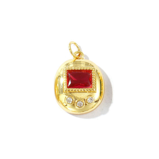 Bild von 1 Stück Umweltfreundlich Messing Geometrisch Charms 18K Echtgold plattiert Oval Rosa Strassstein 22mm x 14mm