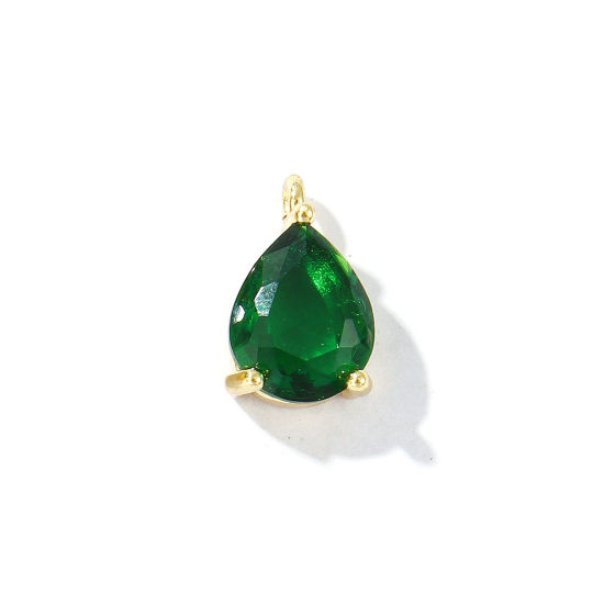 Bild von 1 Stück Umweltfreundlich Messing Geometrisch Charms 18K Echtgold plattiert Tropfen Smaragd Strassstein 13mm x 8mm