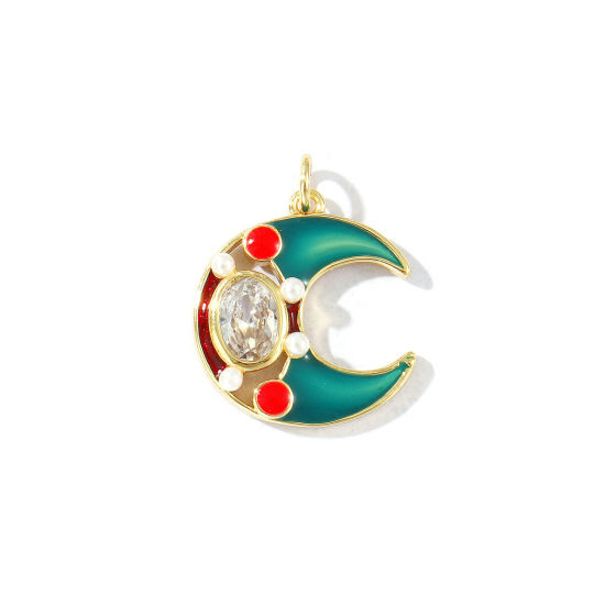 Bild von 1 Stück Umweltfreundlich Messing Galaxis Charms 18K Echtgold plattiert Bunt Emaille Halbmond Acryl Imitat Perle Transparent Strassstein 23mm x 18mm