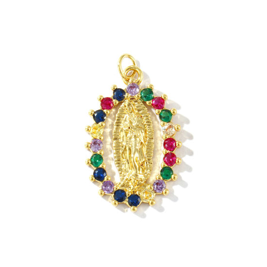Immagine di 1 Pz Ecologico Ottone Religione Ciondoli Pendenti 18K Vero Oro Placcato Ovale Vergine Maria Micro Spianare Multicolore Strass 3.1cm x 1.8cm