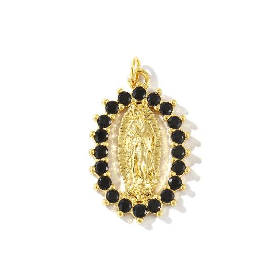 Immagine di 1 Pz Ecologico Ottone Religione Ciondoli Pendenti 18K Vero Oro Placcato Ovale Vergine Maria Micro Spianare Nero Strass 3.1cm x 1.8cm