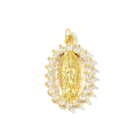 Immagine di 1 Pz Ecologico Ottone Religione Ciondoli Pendenti 18K Vero Oro Placcato Ovale Vergine Maria Micro Spianare Trasparente Strass 3.1cm x 1.8cm