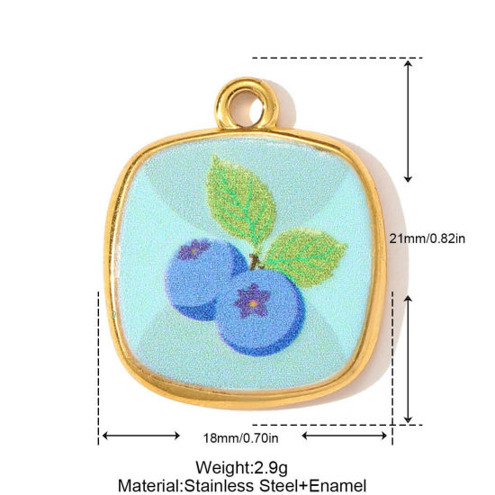 Immagine di 1 Pz Ecologico 304 Acciaio Inossidabile Ciondoli Placcato Oro 18K Multicolore Quadrato Mirtillo Stampato 21mm x 18mm
