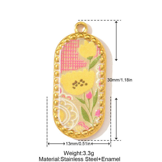 Immagine di 1 Pz Ecologico 304 Acciaio Inossidabile Ciondoli Placcato Oro 18K Multicolore Ovale Fiore Stampato 30mm x 13mm