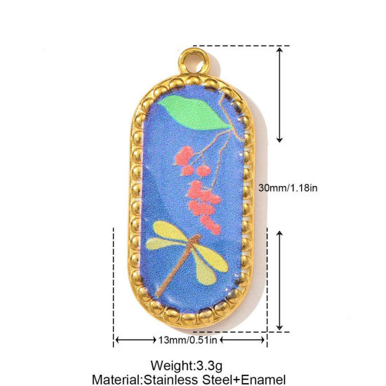 Immagine di 1 Pz Ecologico 304 Acciaio Inossidabile Ciondoli Placcato Oro 18K Multicolore Ovale Libellula Stampato 30mm x 13mm