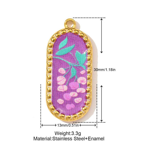 Immagine di 1 Pz Ecologico 304 Acciaio Inossidabile Ciondoli Placcato Oro 18K Multicolore Ovale Fiore Stampato 30mm x 13mm