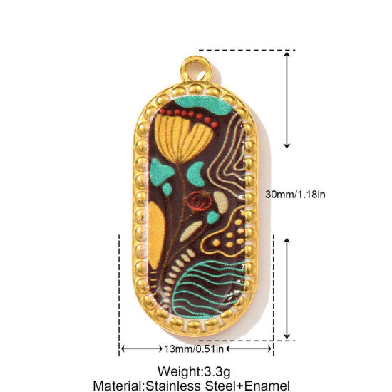 Immagine di 1 Pz Ecologico 304 Acciaio Inossidabile Ciondoli Placcato Oro 18K Multicolore Ovale Fiore Stampato 30mm x 13mm