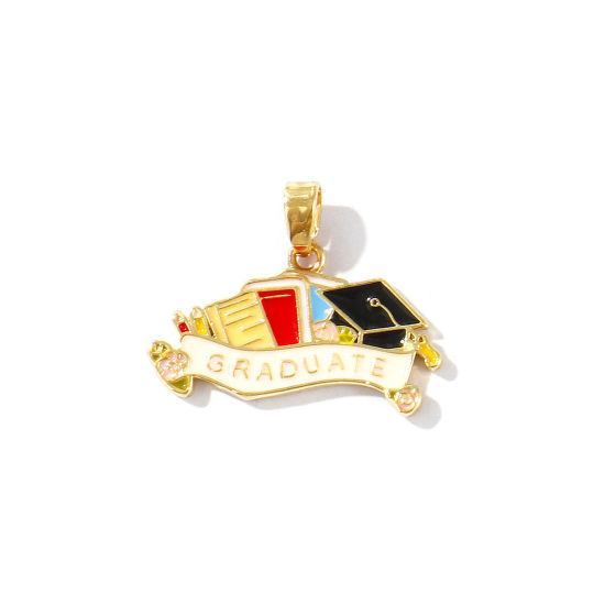 Bild von 2 Stück Umweltfreundlich Messing College Schmuck Charm-Anhänger 18K Echtgold plattiert Bunt Emaille Doktorhut Message " Graduate " 22mm x 17mm