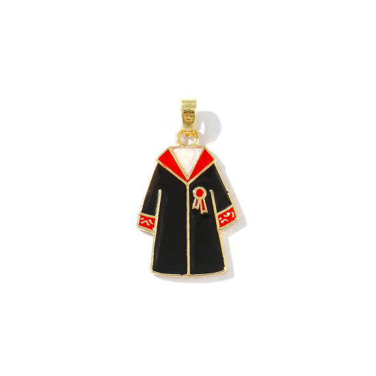 Bild von 2 Stück Umweltfreundlich Messing College Schmuck Charm-Anhänger 18K Echtgold plattiert Schwarz Emaille Abschlussrobe 28mm x 16mm