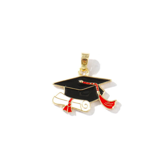 Bild von 2 Stück Umweltfreundlich Messing College Schmuck Charm-Anhänger 18K Echtgold plattiert Schwarz Emaille Doktorhut 20mm x 19mm
