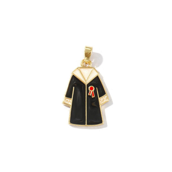 Bild von 2 Stück Umweltfreundlich Messing College Schmuck Charm-Anhänger 18K Echtgold plattiert Schwarz Emaille Abschlussrobe 28mm x 16mm