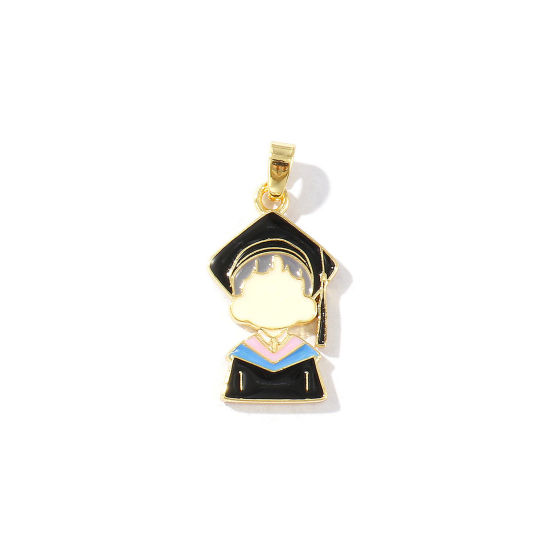 Bild von 2 Stück Umweltfreundlich Messing College Schmuck Charm-Anhänger 18K Echtgold plattiert Bunt Emaille Junge 27mm x 13mm