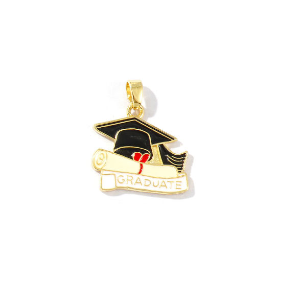 Bild von 2 Stück Umweltfreundlich Messing College Schmuck Charm-Anhänger 18K Echtgold plattiert Schwarz Emaille Doktorhut Message " Graduate " 22mm x 19mm