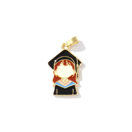 Bild von 2 Stück Umweltfreundlich Messing College Schmuck Charm-Anhänger 18K Echtgold plattiert Bunt Emaille Mädchen 27mm x 14mm