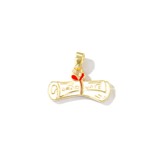 Bild von 2 Stück Umweltfreundlich Messing College Schmuck Charm-Anhänger 18K Echtgold plattiert Weiß Emaille Abschlusszeugnis Message " Graduate " 20mm x 16mm
