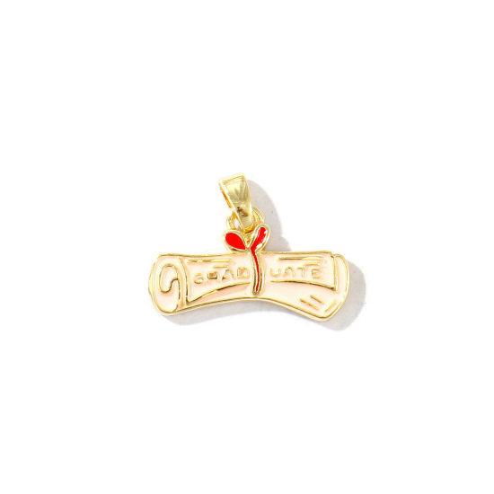 Bild von 2 Stück Umweltfreundlich Messing College Schmuck Charm-Anhänger 18K Echtgold plattiert Rosa Emaille Abschlusszeugnis Message " Graduate " 20mm x 16mm