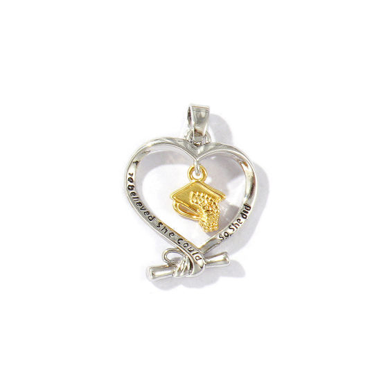 Bild von 2 Stück Messing College Schmuck Charm-Anhänger Platin Plattiert Doktorhut Herz Mixefarbe 24mm x 17mm