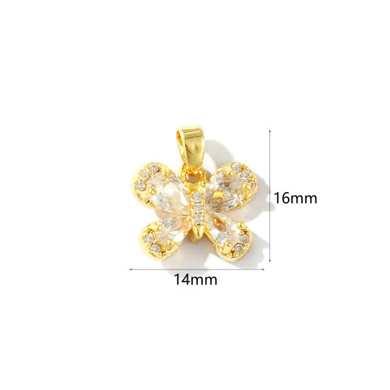 2 個 エコフレンドリー 真鍮 昆虫 チャーム ペンダント 18Kリアルゴールドメッキ 蝶 透明ラインストーン 16mm x 14mm、 の画像