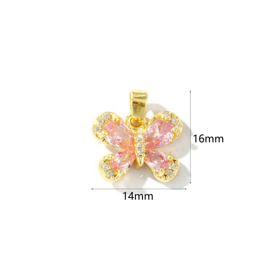 2 個 エコフレンドリー 真鍮 昆虫 チャーム ペンダント 18Kリアルゴールドメッキ 蝶 ピンクラインストーン 16mm x 14mm、 の画像