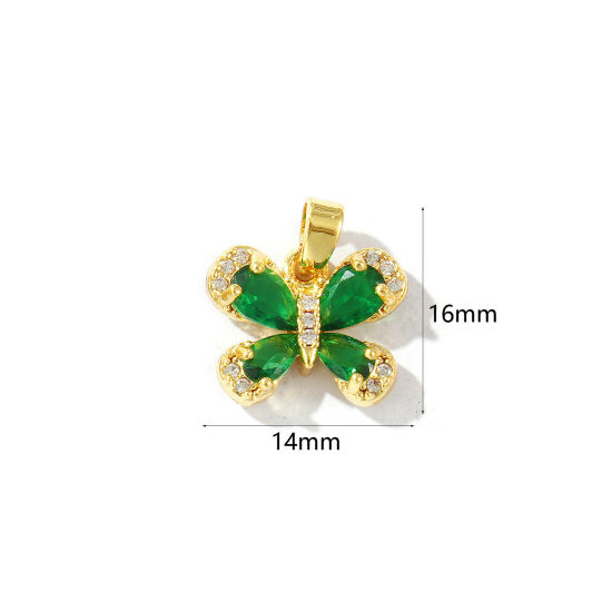 2 個 エコフレンドリー 真鍮 昆虫 チャーム ペンダント 18Kリアルゴールドメッキ 蝶 緑ラインストーン 16mm x 14mm、 の画像