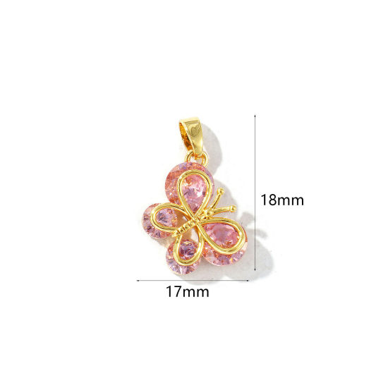 2 個 エコフレンドリー 真鍮 昆虫 チャーム ペンダント 18Kリアルゴールドメッキ 蝶 ピンクラインストーン 18mm x 17mm、 の画像