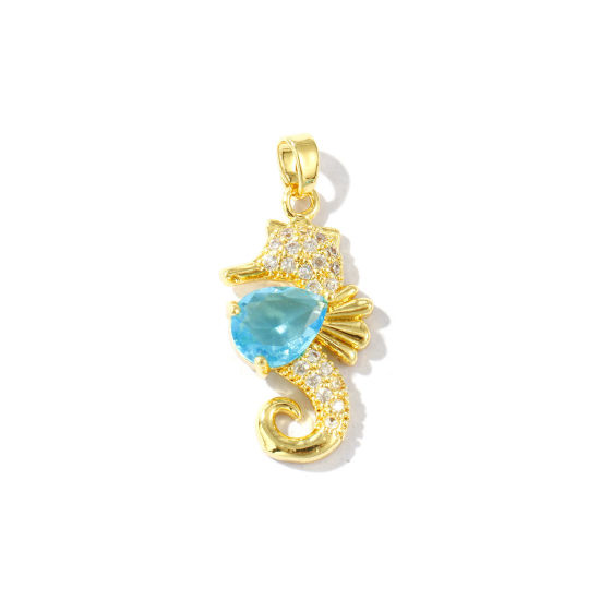 Bild von 2 Stück Umweltfreundlich Messing Ozean Schmuck Anhänger 18K Echtgold plattiert Seepferdchen Micro Pave Blau Strassstein 3cm x 1.4cm