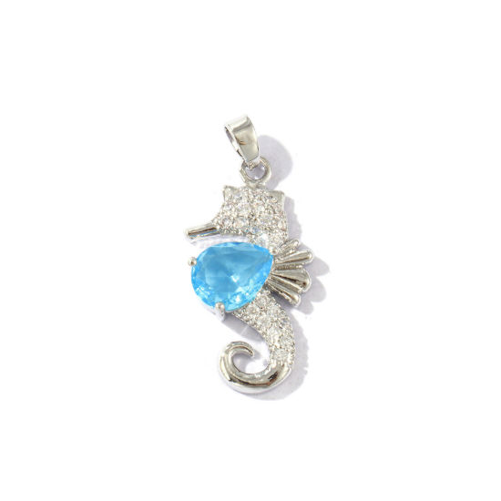 Bild von 2 Stück Umweltfreundlich Messing Ozean Schmuck Anhänger Echt Platin plattiert Seepferdchen Micro Pave Blau Strassstein 3cm x 1.4cm