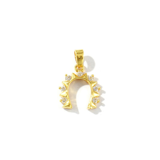Picture of 2 PCs Eco-friendly Brass West Cowboy Charm Pendant 18K Real Gold Plated Luck Horseshoe Micro Pave Clear Rhinestone 19mm x 13mm