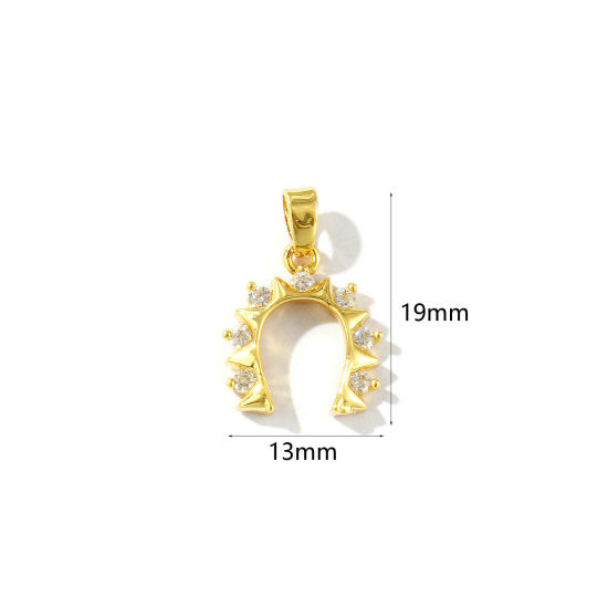 Picture of 2 PCs Eco-friendly Brass West Cowboy Charm Pendant 18K Real Gold Plated Luck Horseshoe Micro Pave Clear Rhinestone 19mm x 13mm