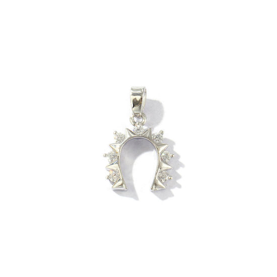 Picture of 2 PCs Eco-friendly Brass West Cowboy Charm Pendant Real Platinum Plated Luck Horseshoe Micro Pave Clear Rhinestone 19mm x 13mm